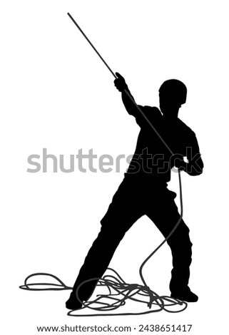 Man with rope rock climbing instructor guides to climber up on rock vector silhouette isolated on white. Extreme sports boy climbs with rope. Sport action in adventure park. Alpinist rescue team.