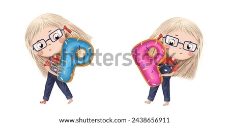 Cute little girl with chocolate donut- letter P. Tasty set on white background. Learn alphabet clip art collection