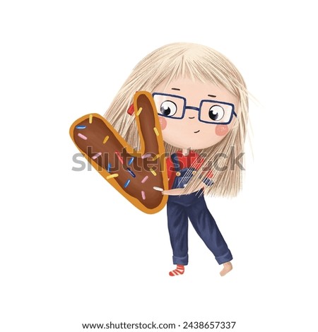 Cute little girl with chocolate donut- letter V on white background. Learn alphabet clip art collection