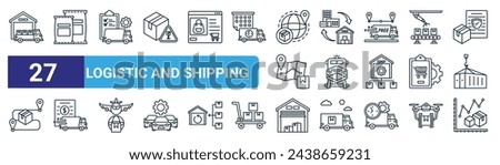 set of 27 outline web logistic and shipping icons such as distribution, packaging, delivery, supply chain, train cargo, shipping cost, warehouse, analytic vector thin line icons for web design, Royalty-Free Stock Photo #2438659231