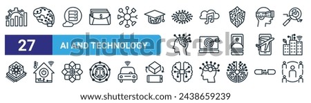 set of 27 outline web ai and technology icons such as productivity, neural network, big data, music, digital marketing, home automation, ai, social media vector thin line icons for web design,