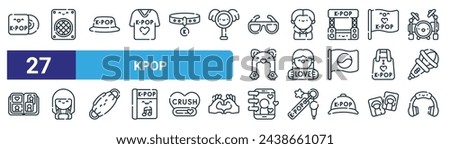 set of 27 outline web kpop icons such as kpop, speaker, hat, boy, fan, girl, live, headphones vector thin line icons for web design, mobile app. Royalty-Free Stock Photo #2438661071