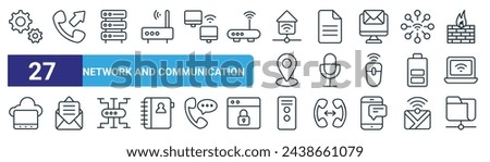 set of 27 outline web network and communication icons such as gear, outgoing call, server, document, microphone, newsletter, folder, folder vector thin line icons for web design, mobile app.