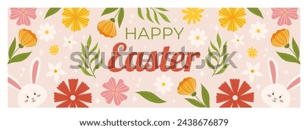 Happy Easter horizontal banner template. Design with cute bunny, flowers and leaves around Royalty-Free Stock Photo #2438676879