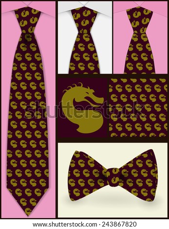Ties, two options, with the image of a dragon's head. Seamless pattern and a label attached.