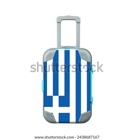 Travel suitcase in the colors of the Greece flag. Isolated on a white background. Trips. Design object.