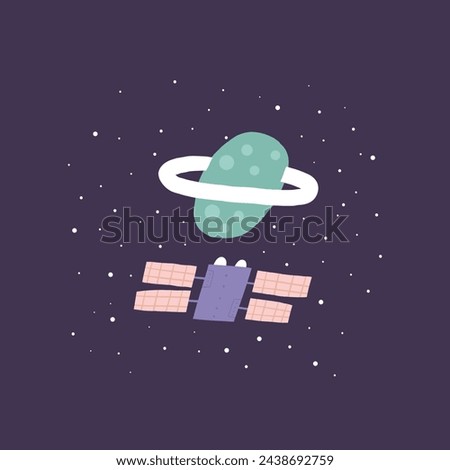 Cute space postcard with funny hand drawn doodle rocket, satellite, comet, ufo. Cosmic, universe, night sky cover, template, banner, poster, print. Cartoon style background, t shirt print composition 
