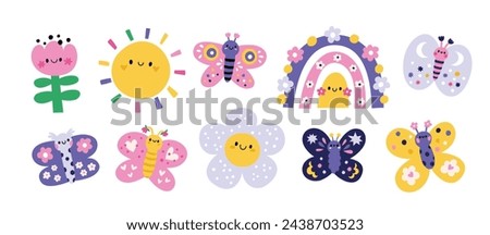 Summer butterfly, flowers, rainbow, sun. Hand drawn cute cartoon summer characters isolated on white background