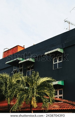 Black concrete fa?ade of the building with windows against the background of palm trees and the sky. Stylish Concrete Wall