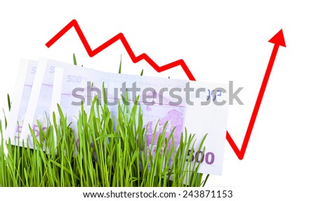 Growing Euro money cash in green grass, Arrow rising up