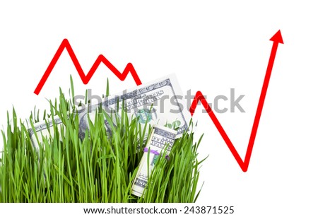 100 dollar bills growing in the green grass. Arrow rising up