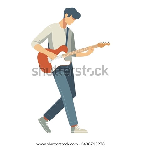 The male musician is playing an electric guitar on stage, Guitar solo techniques,Vector illustration For posters, festivals,contests,music event or guitar playing