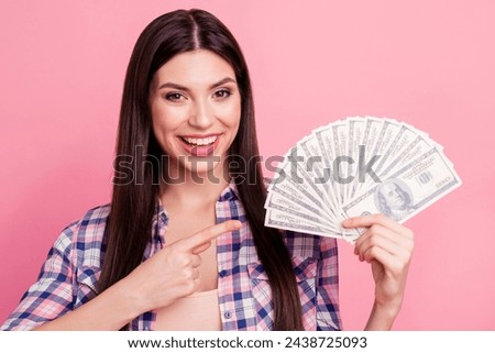 Close-up portrait of her she nice-looking attractive cute charming winsome lovely cheerful straight-haired lady recommending get big amount isolated over pink pastel background