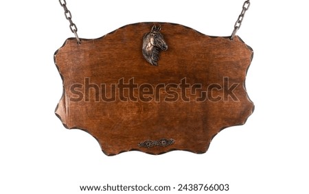 hanging wooden sign signboard on chains isolated on white background