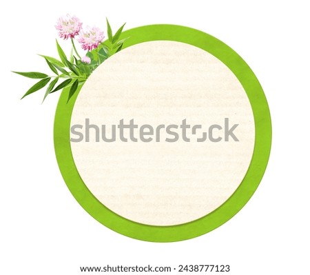 Comic speech bubble from recycled material, flower and leaves. Sustainable development of strategy approach to zero waste, responsible consumption. Eco-friendly concept. Isolated on white background Royalty-Free Stock Photo #2438777123