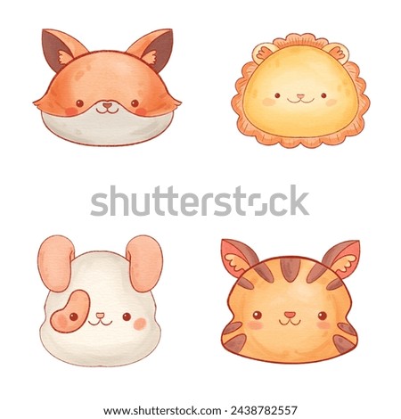 Cute watercolor animals: dog, fox, lion , tiger. Vector illustrations with a friendly, kawaii touch, ideal for charming baby clip art.