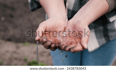 agriculture, Farmer washes hands clean water, clean transparent water, cleanse skin, hand cool water, flows drop wet freshness, adult man, splashes fly different, directions ecological lifestyle, Farm