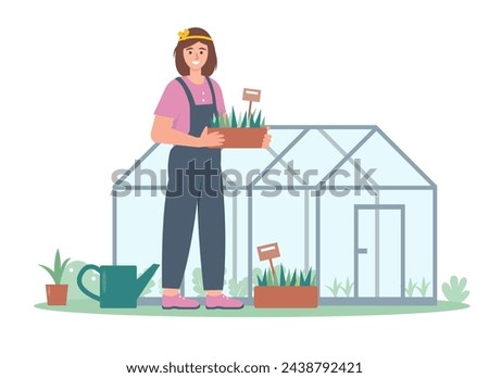 Young woman with plants near greenhouse in garden. Gardening and harvesting concept. Flat vector illustration on white background.