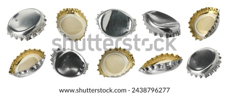 Silver beer bottle caps isolated on white, set Royalty-Free Stock Photo #2438796277