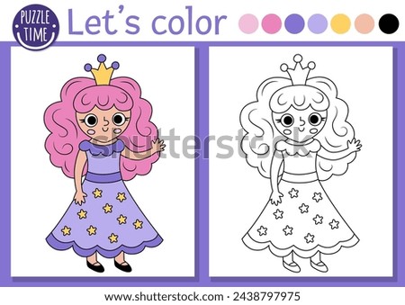 Coloring page for children with fairy girl, crown. Vector fairytale outline illustration. Fantasy color book for kids with colored example. Magic world drawing printable worksheet with cute princess