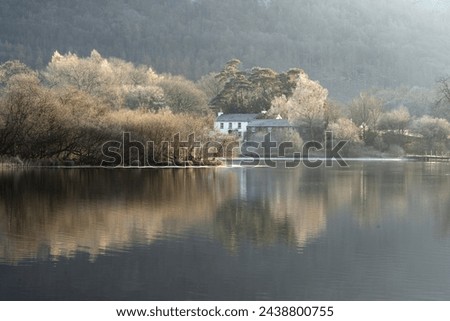 Serene lakeside living, surrounded by lush green trees and a charming house in the background. The perfect retreat for nature lovers seeking peace and tranquility. Royalty-Free Stock Photo #2438800755