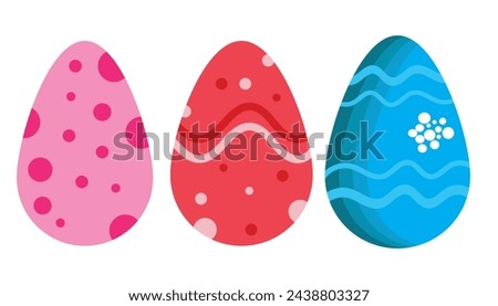 Set of easter eggs flat design on white background. Easter eggs painted in different colors. Easter eggs flat design on transparent background. Set of colorful decorated easter eggs 2d assets.