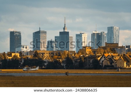Warsaw, Poland - panorama of a city skyline at sunset. Cityscape view of Warsaw. Skyscrapers in Warsaw	