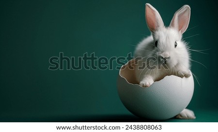 Easter rabbit, cute white bunny coming out of an opened egg on empty dark green background with copy space