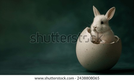 Easter rabbit, cute white bunny coming out of an opened egg on empty dark green background with copy space