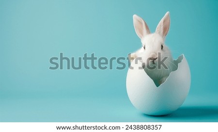 Easter rabbit, cute white bunny coming out of an opened egg on empty light blue background with copy space