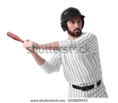 Baseball player taking swing with bat on white background