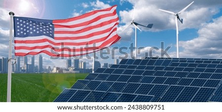 American flag flutters on the background of solar panels and wind turbines. Symbol of sustainable development United States of America