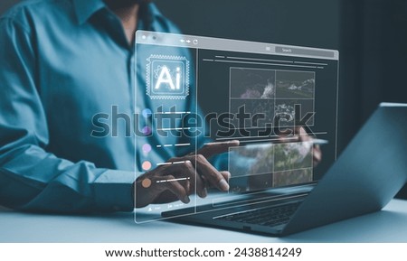 AI image creation technology. Man use AI software on a laptop to generate images, showcasing a futuristic user interface. screen with visual prompt. Image generated by artificial intelligence. photo, Royalty-Free Stock Photo #2438814249