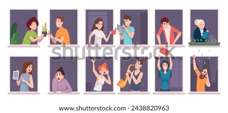 People in window. Neighbors help through window frames exact vector people in their houses Royalty-Free Stock Photo #2438820963