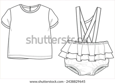 Adorable Designs for Newborns, Vector Illustrations of Baby Clothes, Flat Sketches, and Technical Drawings. Baby Clothing Collection and Sets. Bottom and top set designs for babies. Royalty-Free Stock Photo #2438829645