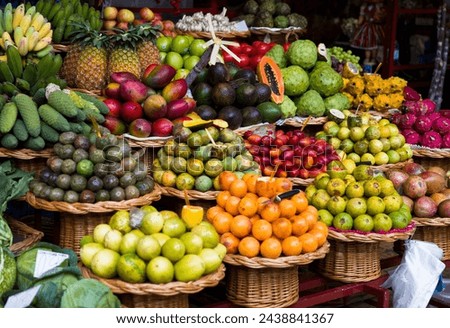 top view organic food vegetables and fruits in the market with natural farm products in wooden