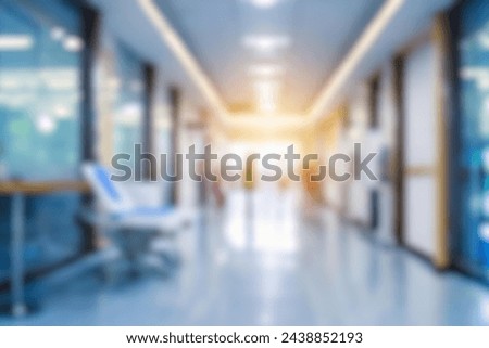 blurred of background. interior of a modern hospital with an empty long corridor. waiting room for patients and families between the corridor with bright white lights. treatment rooms and patient room Royalty-Free Stock Photo #2438852193
