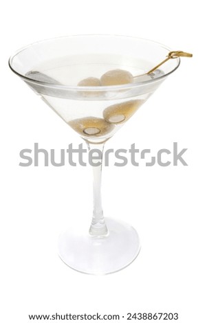 A martini glass filled with olive balls and a gold stem. The glass is sitting on a white background