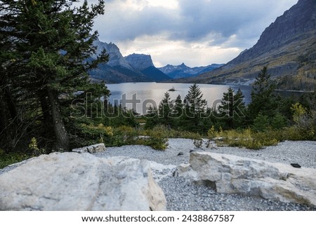 One of the most popular and scenic viewpoints in Glacier National Park, the view of Goose Island in St Mary Lake near the East entrance to the park Royalty-Free Stock Photo #2438867587