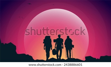 mountain climber silhouette background. Traveler climb with backpacks and travel walking sticks. silhouette of a person in the mountains. A Man hiking in the mountains.