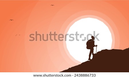mountain climber silhouette background. Traveler climb with backpacks and travel walking sticks. silhouette of a person in the mountains. A Man hiking in the mountains.