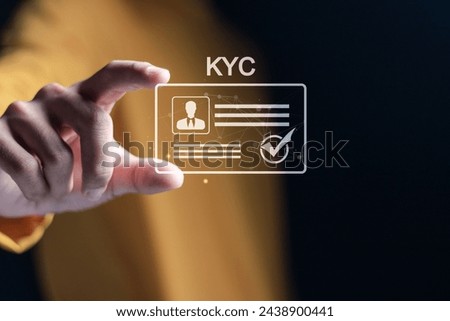 Know your customer concept. Business verifying the identity of clients for KYC financial client authentication. Personal information for identification. Person holding KYC card icon on virtual screen.