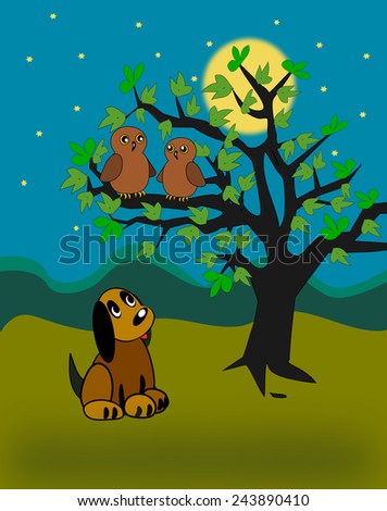 A  little dog sitting and looking at two owls in a tree. 