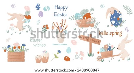 Happy Easter clip art. Set of cartoon characters in retro style. Easter bunny, flowers, basket with Easter eggs. Vector illustration
