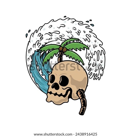 Skull with palm and wave. Design element for poster, card, banner. 
