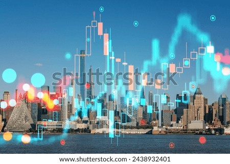 New York Manhattan cityscape with futuristic hologram overlays, a vibrant daytime photo blending with technology graphics. Double exposure