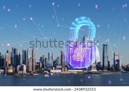 New York skyline with a digital hologram of a fingerprint and security interface overlay. Mixed media concept on light background with blue and pink tones. Double exposure