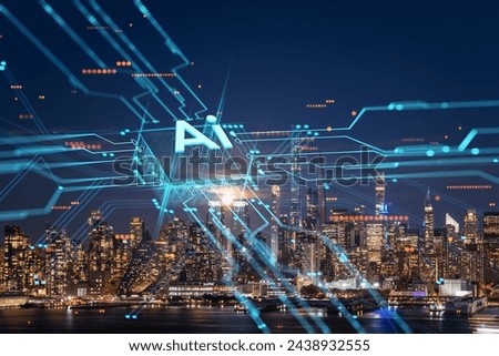 New York City skyline at night with futuristic digital hologram overlays representing AI technology. Modern cityscape concept. Double exposure