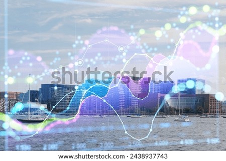 Double exposure of a digital hologram overlaying a city skyline, concept of cityscape and future technology. Double exposure