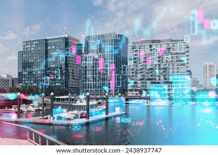 Holographic overlay of futuristic digital graphics on a city waterfront with buildings, boats, and clear sky. Modern photomontage. Double exposure